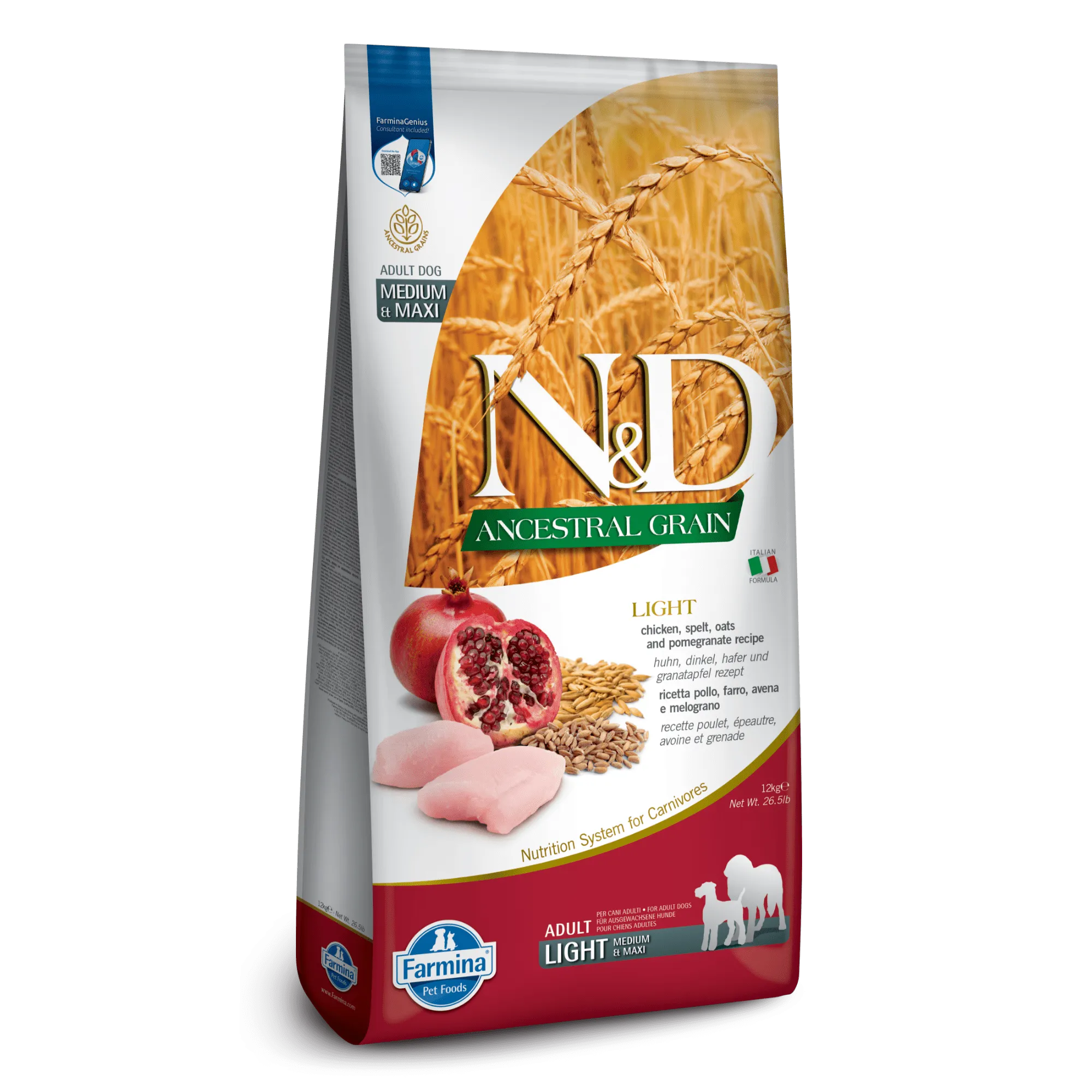 Farmina N&D Ancestral Grain Chicken & Pomegranate Medium & Maxi Light Adult Dry Dog Food