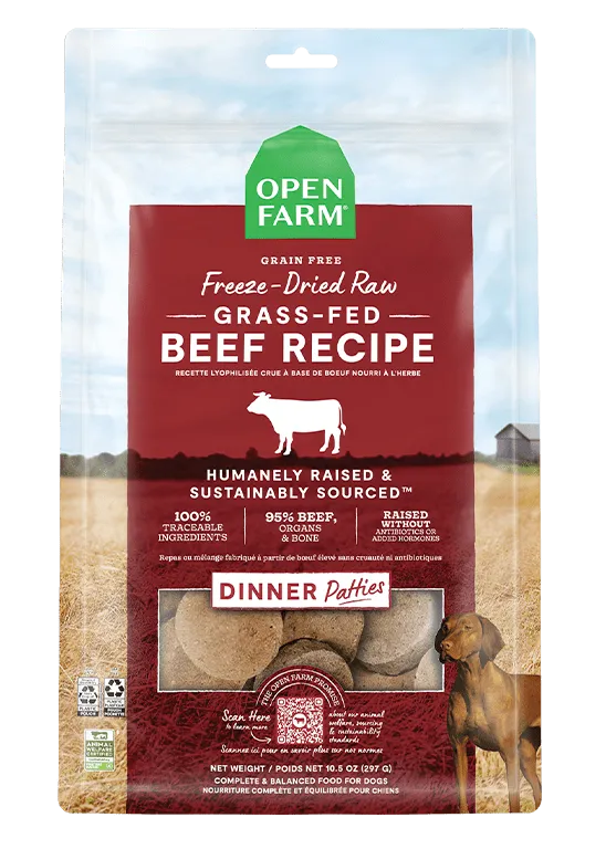 Open Farm Grain Free Grass Fed Beef Recipe Freeze Dried Raw Dog Food Patties