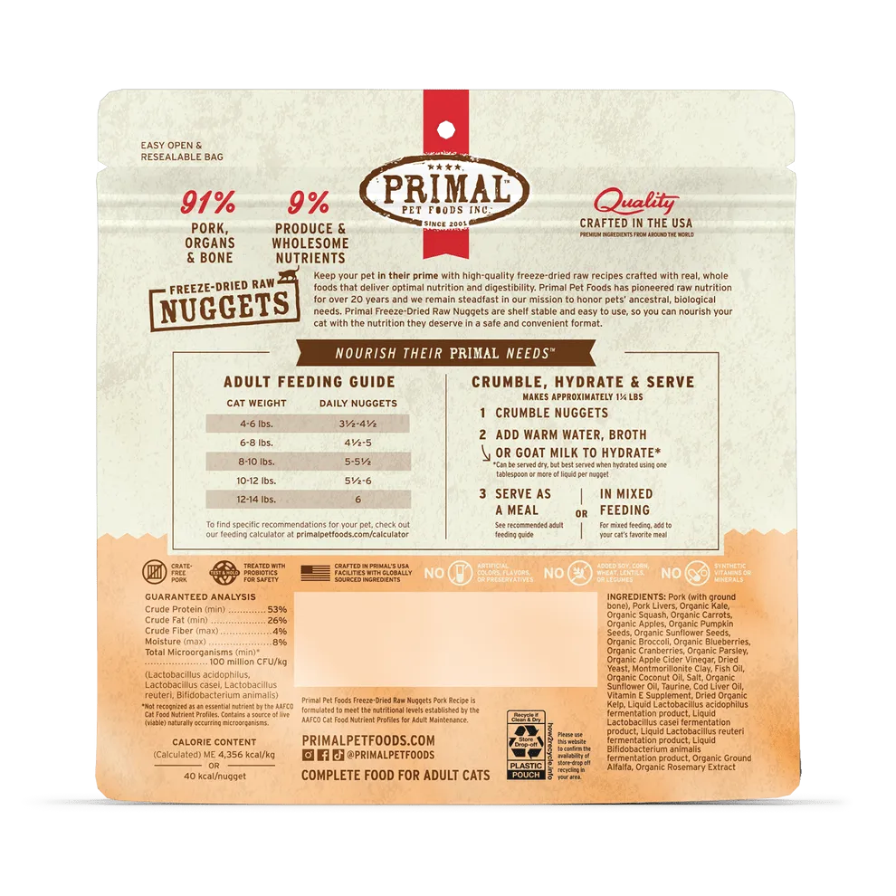 Primal Freeze-Dried Nuggets Grain Free Pork Formula Complete Diet Cat Food