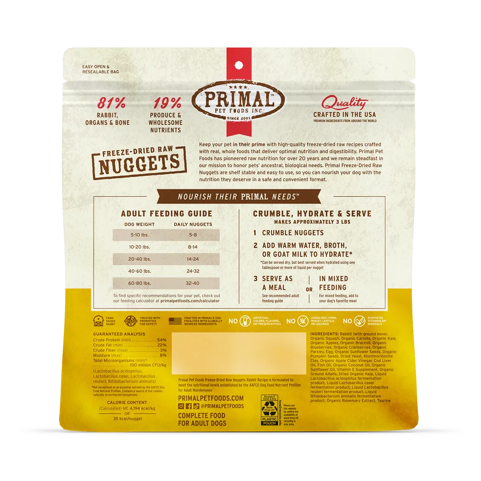 Primal Freeze Dried Nuggets Grain Free Rabbit Formula Dog Food