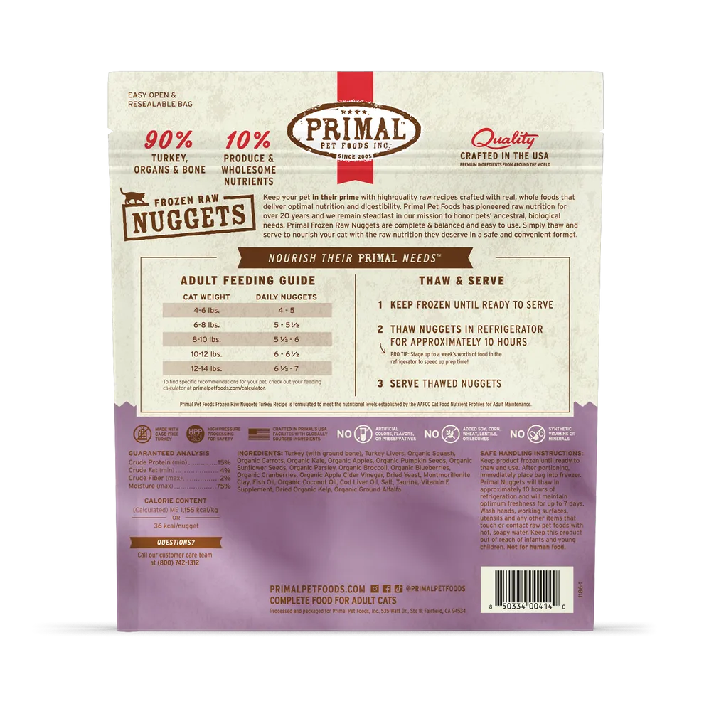 Primal Raw Frozen Nuggets Turkey Formula Nuggets For Cats