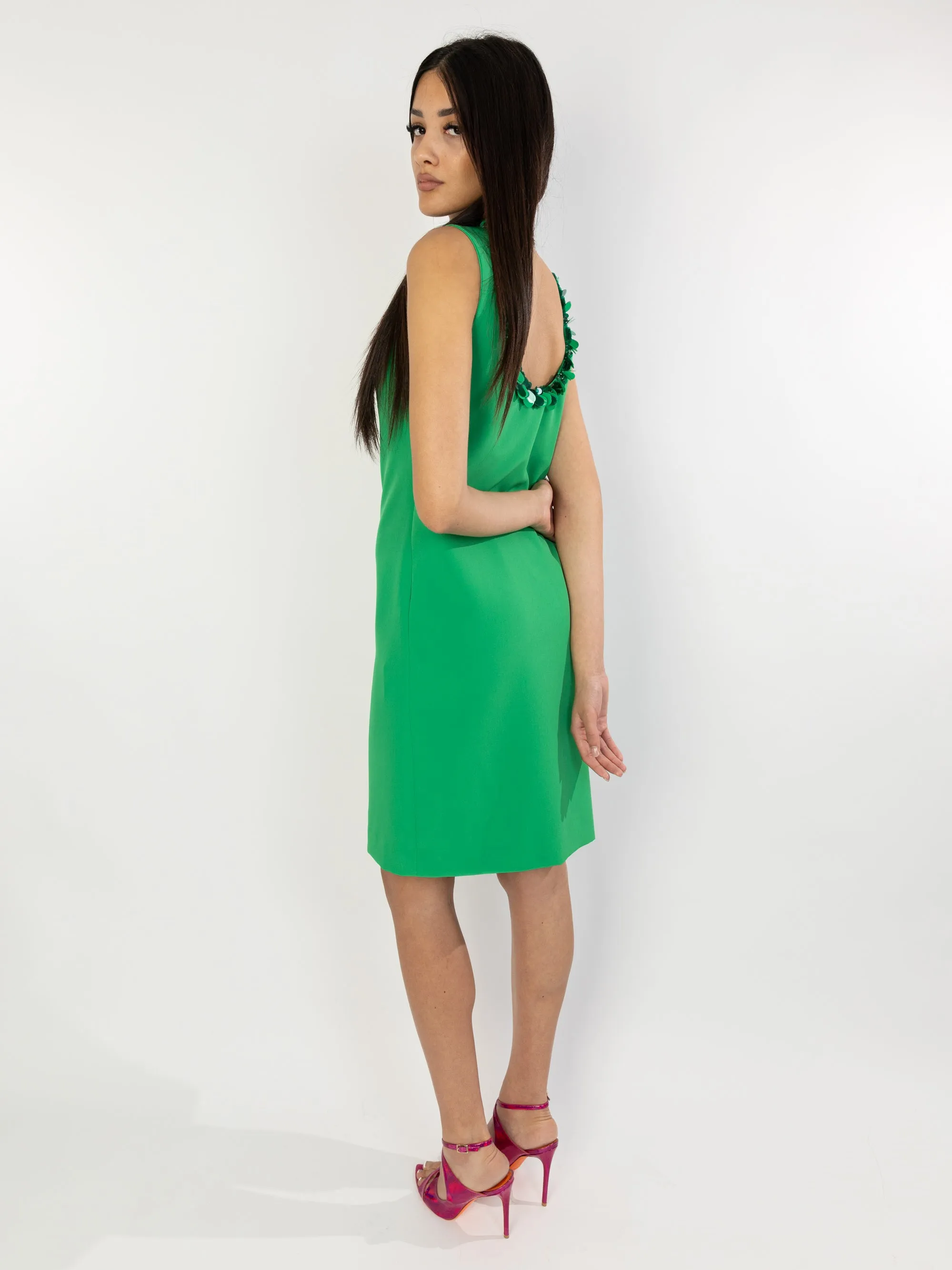 Short Dress with Round Neckline in Green Sequins