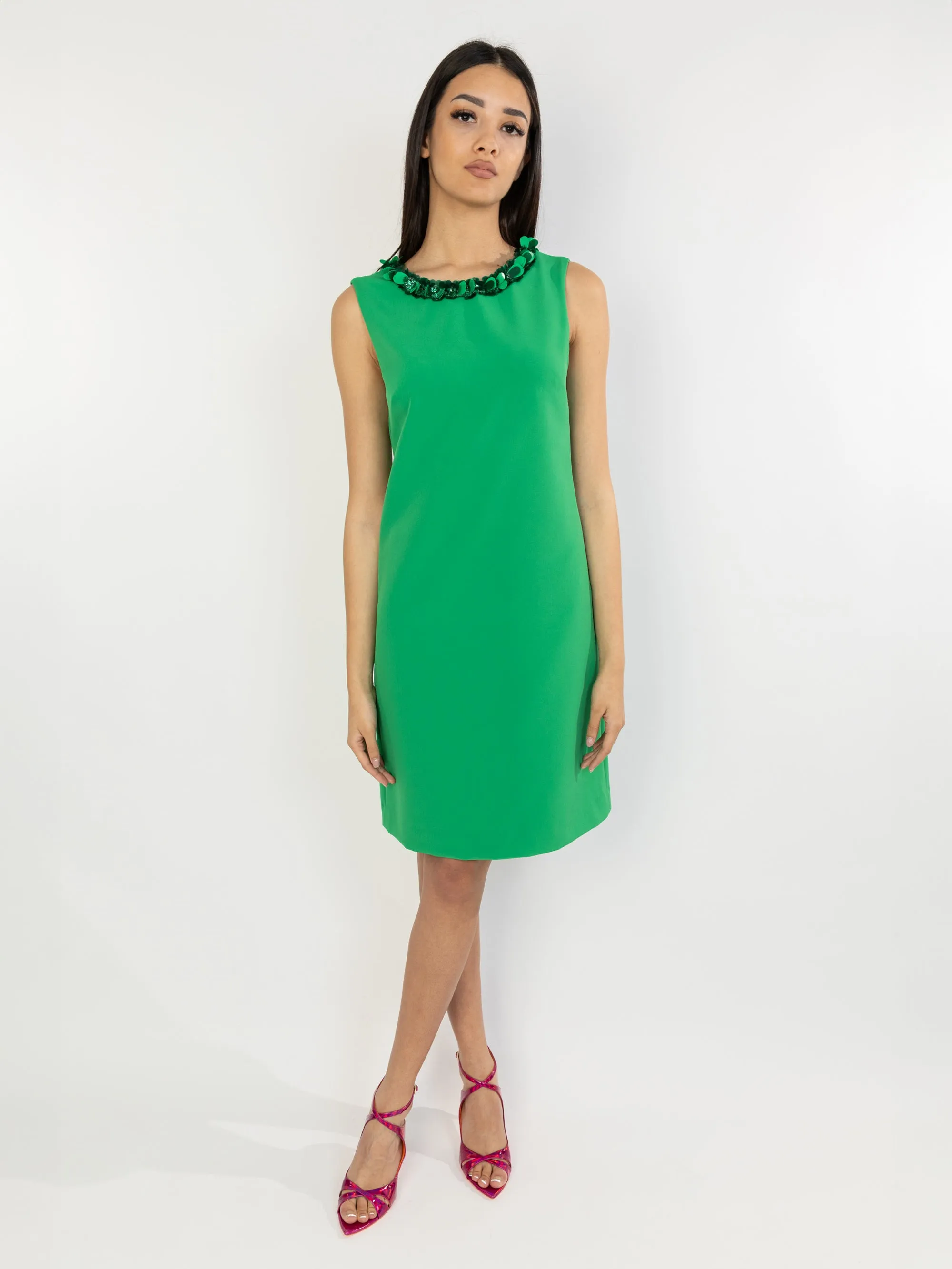 Short Dress with Round Neckline in Green Sequins