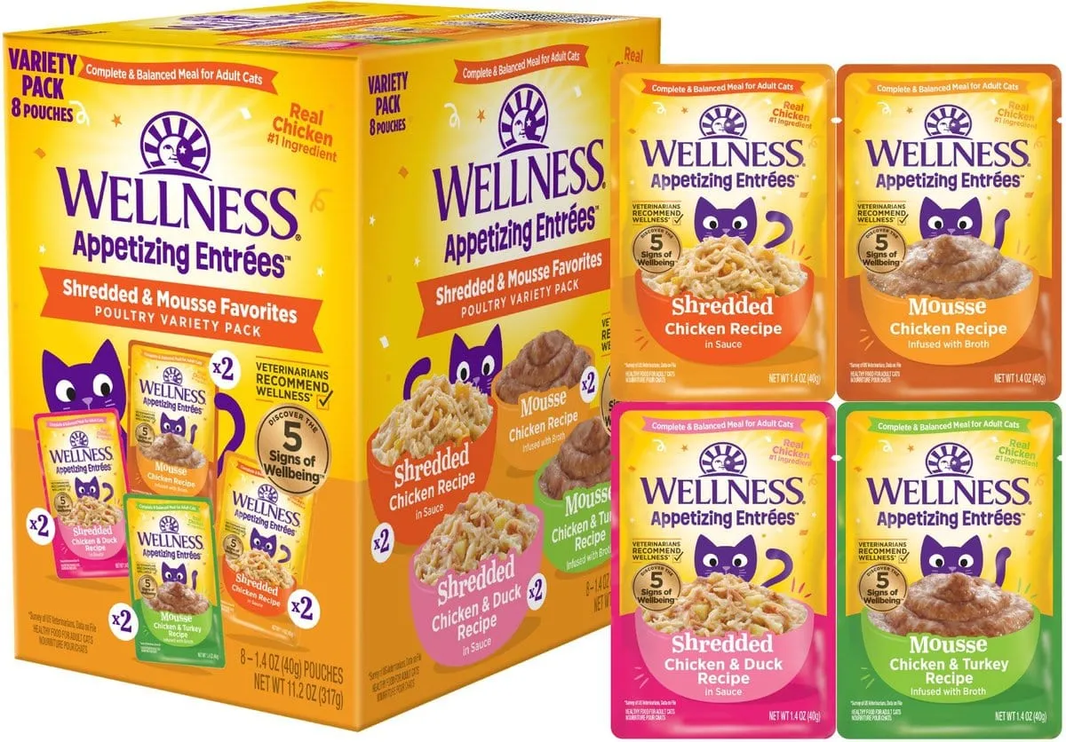 Wellness Appetizing Entrees Shredded & Mouse Favorites Poultry Variety Pack Pouches Wet Cat Food (8 pack)